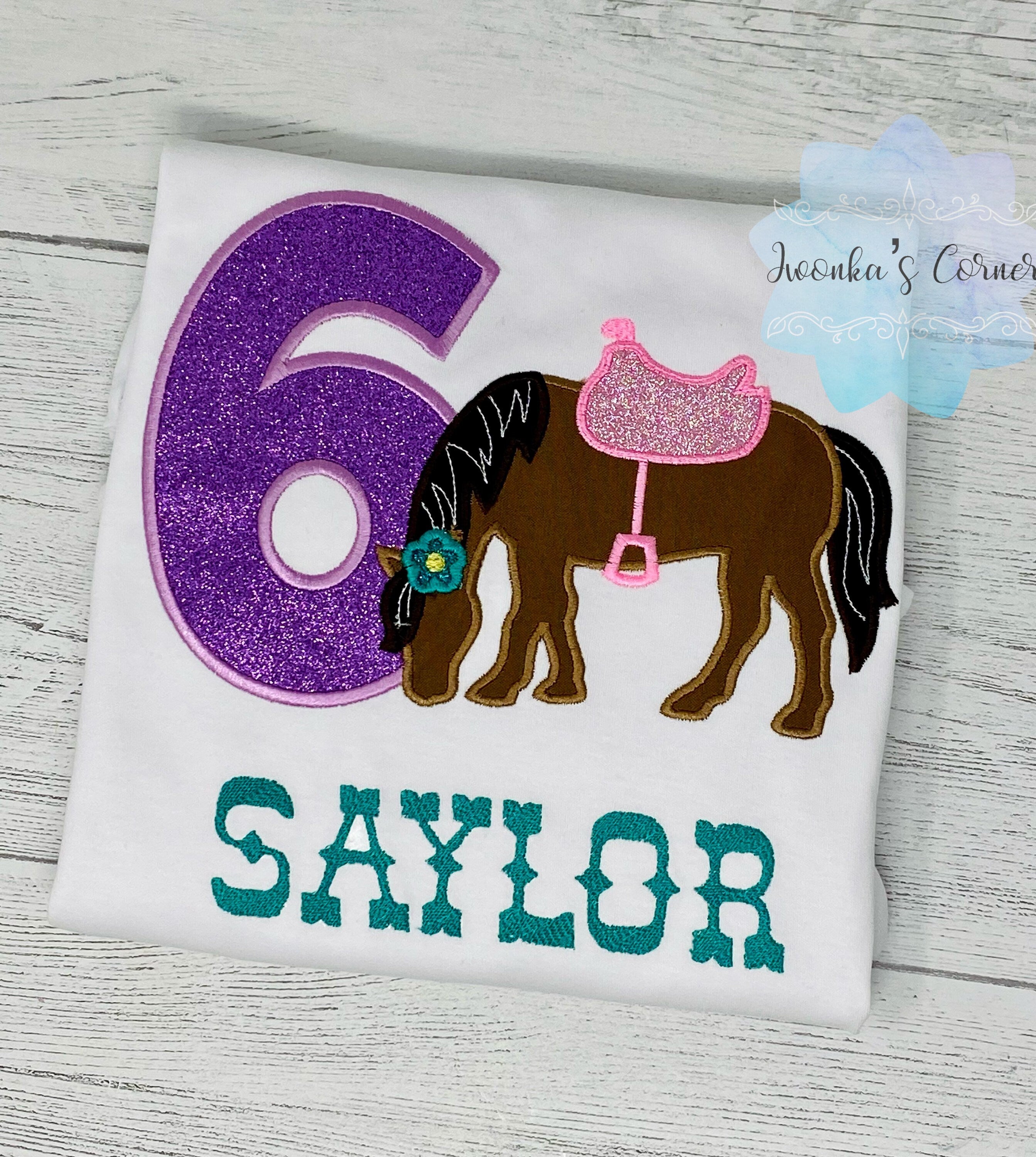 Girl 6th Birthday Shirt With Bay Horse, Birthday Shirt with Brown Pony and Saddle, 3rd, 4th, 5th, 7th Birthday Shirt with a Pony