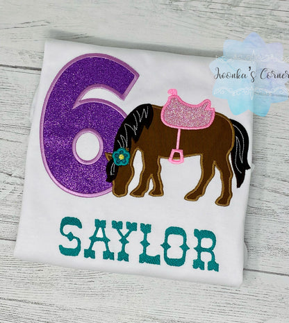 Girl 6th Birthday Shirt With Bay Horse, Birthday Shirt with Brown Pony and Saddle, 3rd, 4th, 5th, 7th Birthday Shirt with a Pony
