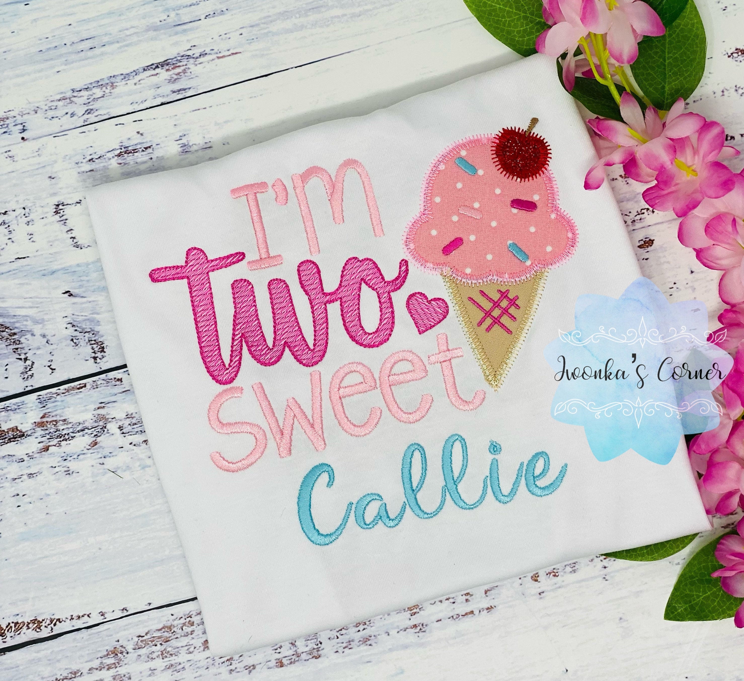 Girl Two Sweet Ice Cream Pink and Blue themed Birthday Shirt, Girls Custom 2nd Birthday Shirt-Embroidered shirt or bodysuit