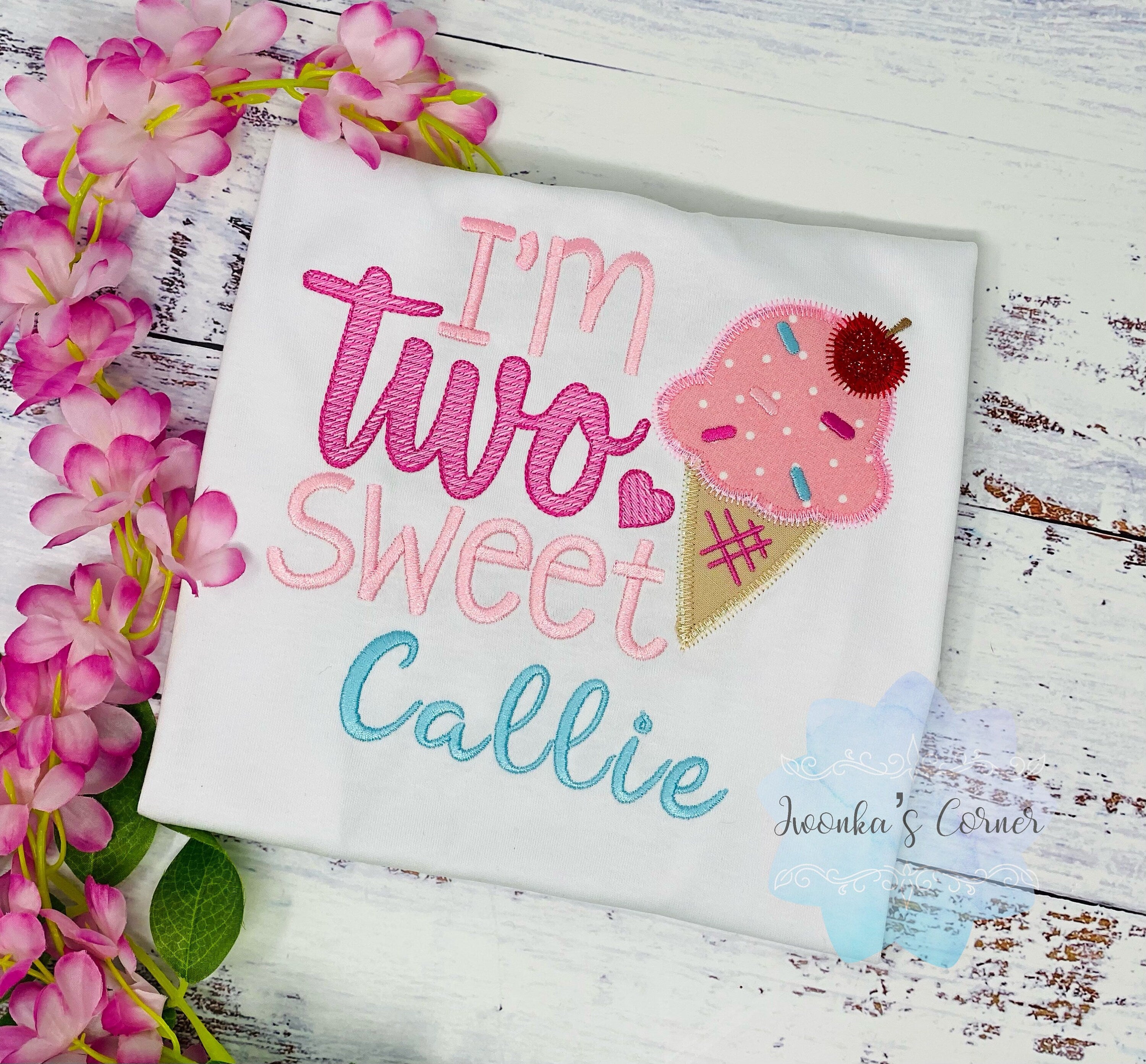 Girl Two Sweet Ice Cream Pink and Blue themed Birthday Shirt, Girls Custom 2nd Birthday Shirt-Embroidered shirt or bodysuit