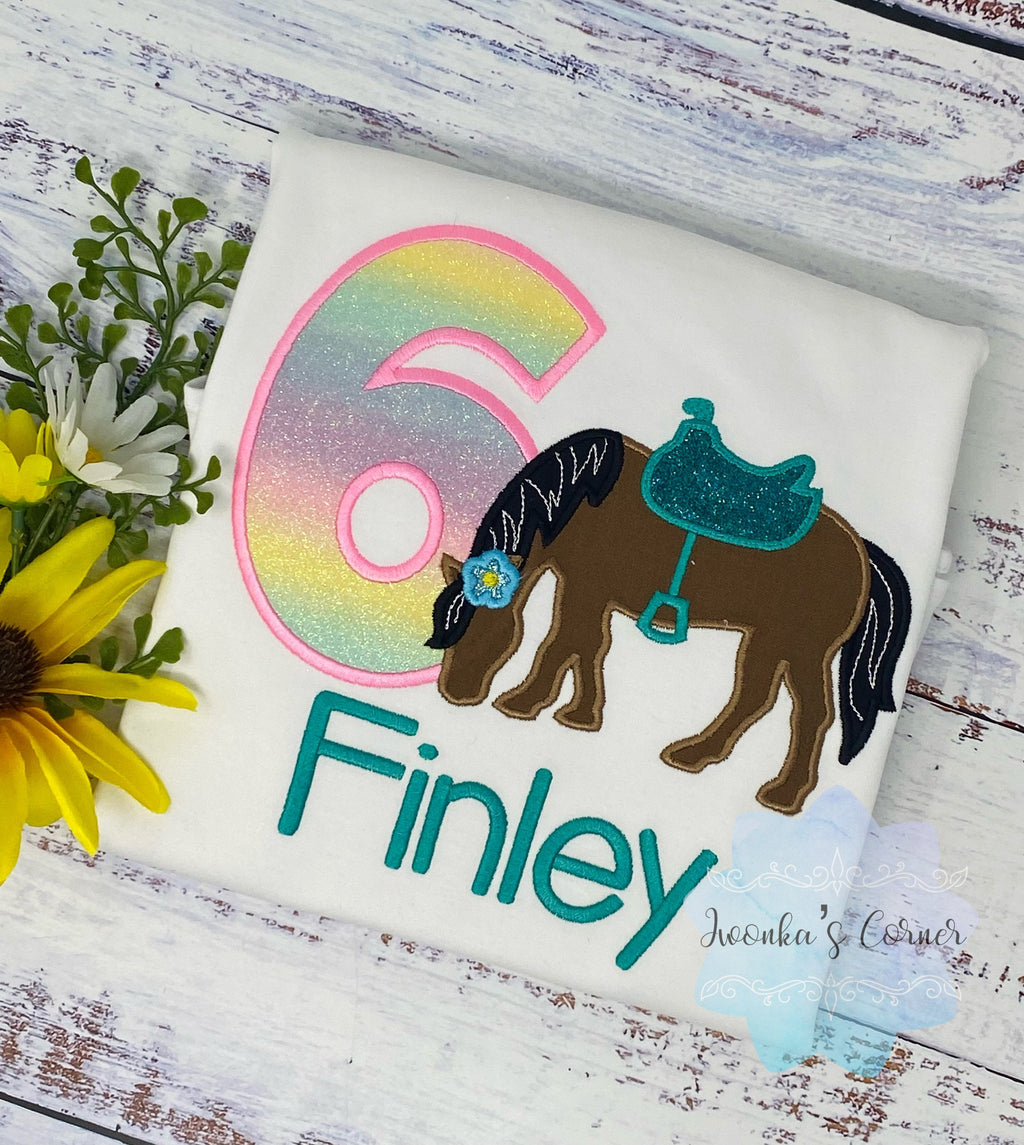 Girl 6th Birthday Shirt With Bay Brown Horse, Birthday Shirt with Horse and Saddle, 4th, 5th, 7th 8tHorse Birthday Shirt, Embroidered Horse