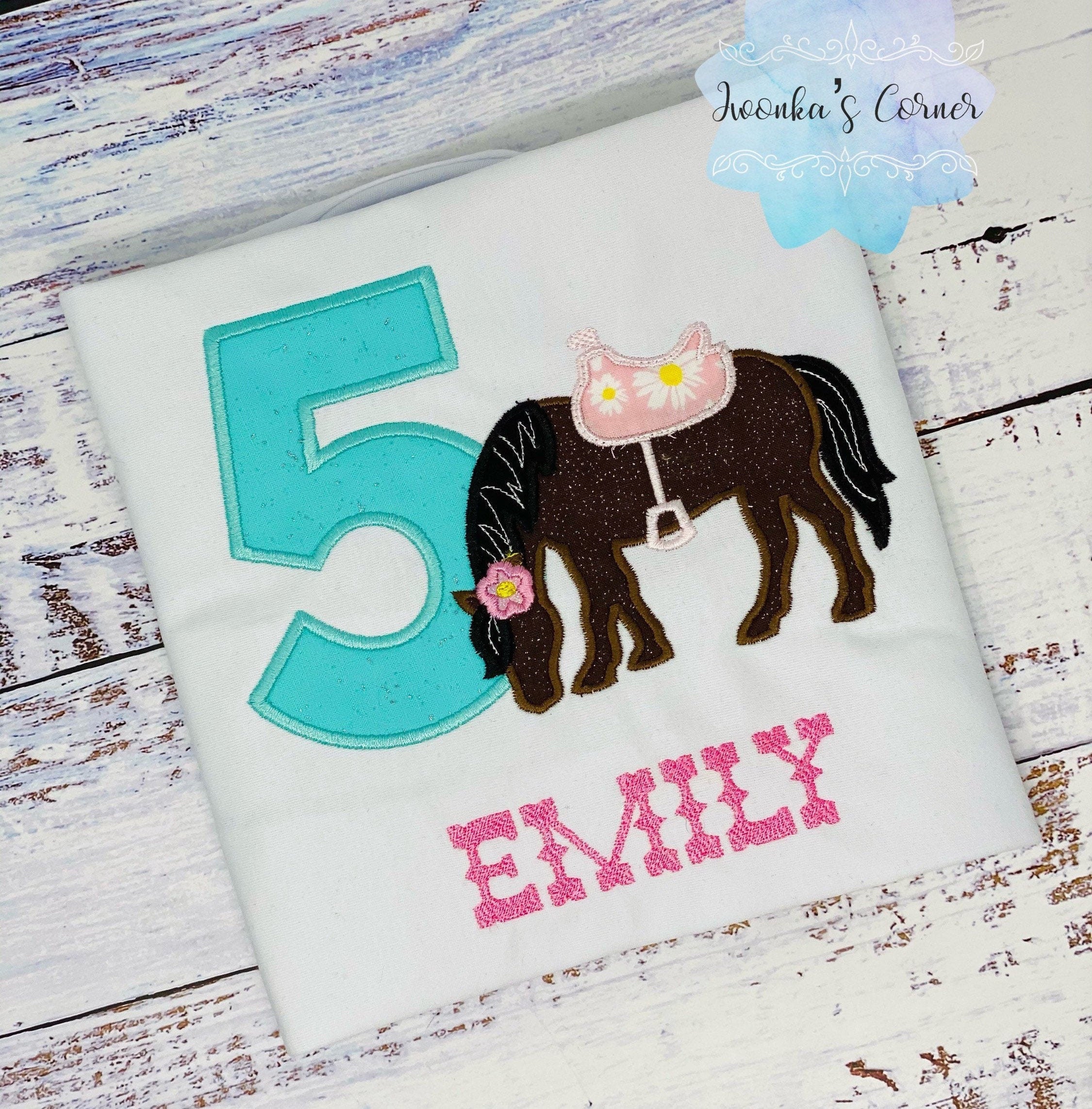 Girl 5th Birthday Shirt With Bay Horse, Birthday Shirt with Brown Ponny and Saddle, 4th, 6th 7th Horse Birthday Shirt