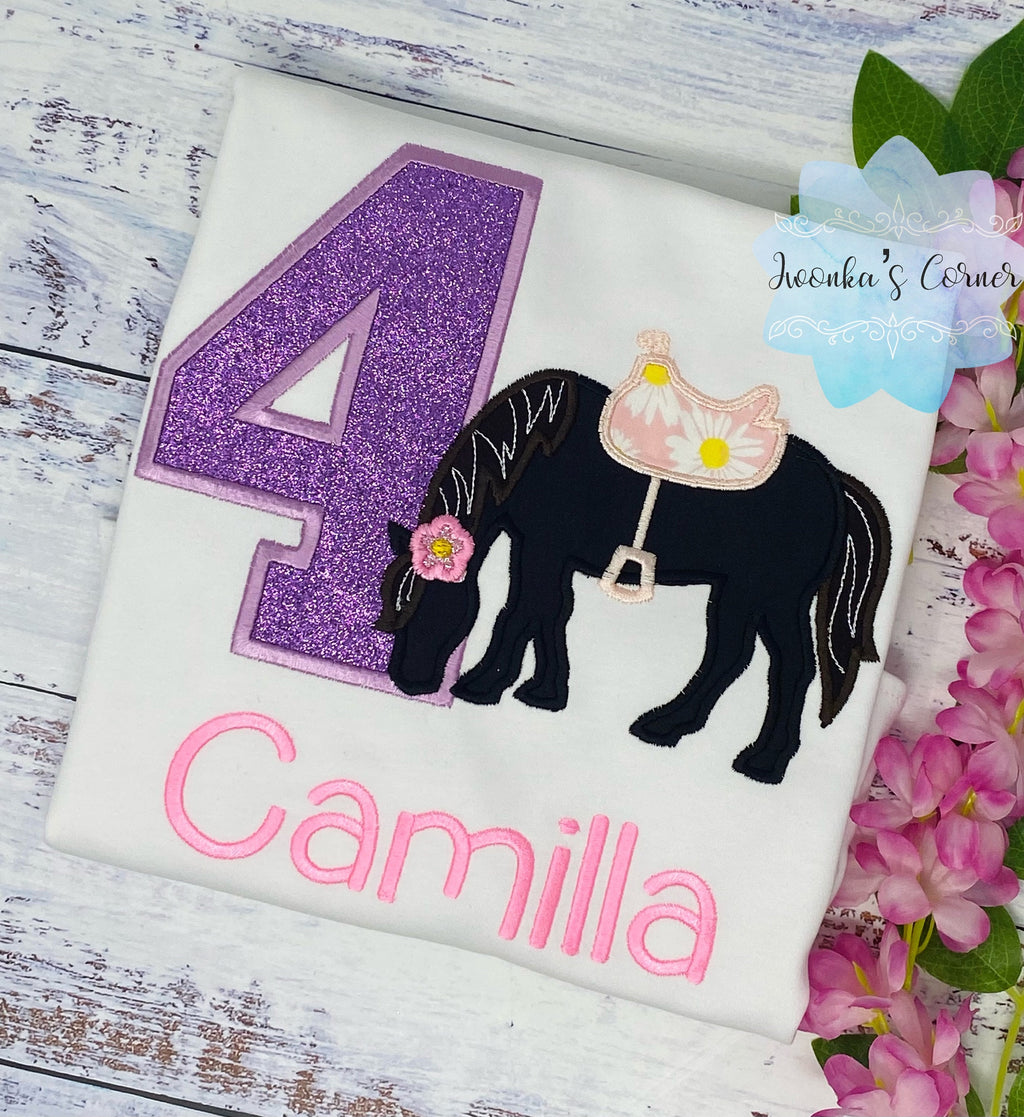 Girl 4th Birthday Shirt With Brown Black Horse, Birthday Shirt with Embroidered Horse and Saddle, 4th, 6th Horse Birthday Shirt