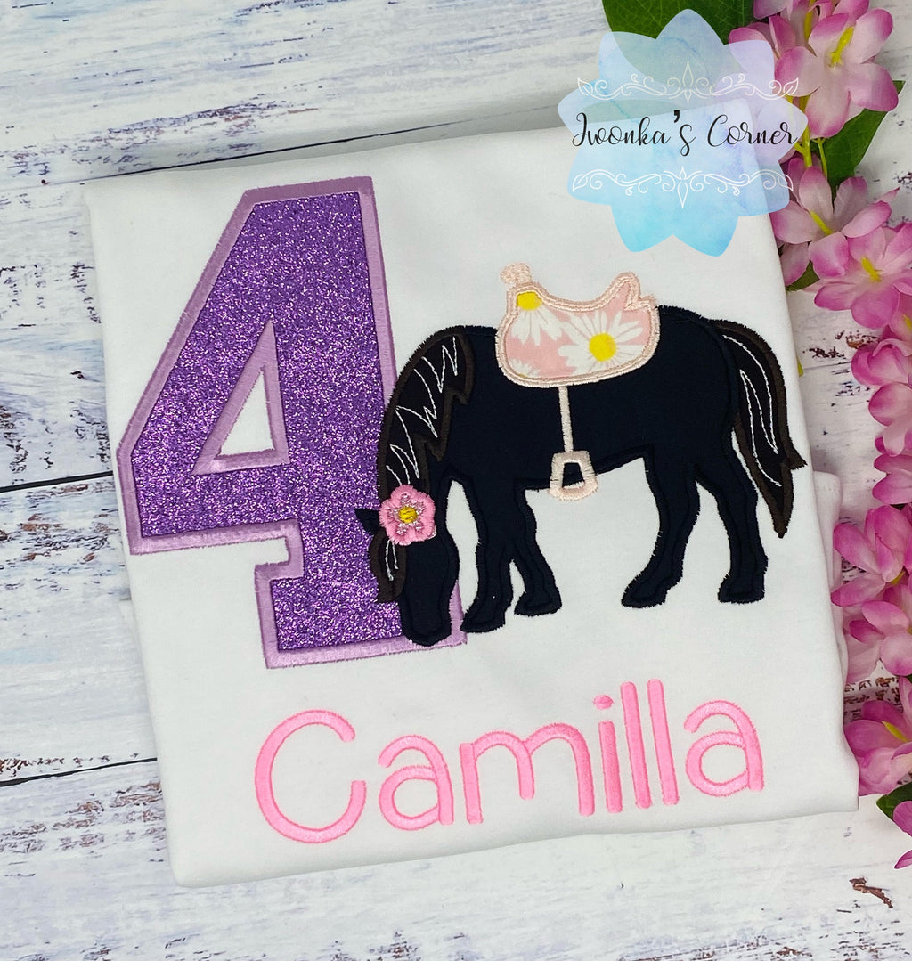 Girl 4th Birthday Shirt With Brown Black Horse, Birthday Shirt with Embroidered Horse and Saddle, 4th, 6th Horse Birthday Shirt