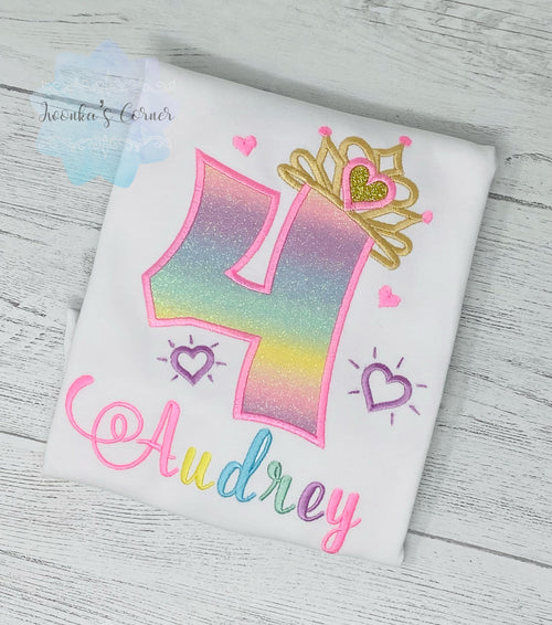 4th Birthday Shirt for Girl, Rainbow Princess Birthday Shirt, Birthday Number with Crown, Girls 4th Rainbow Number, Princess Tiara Party