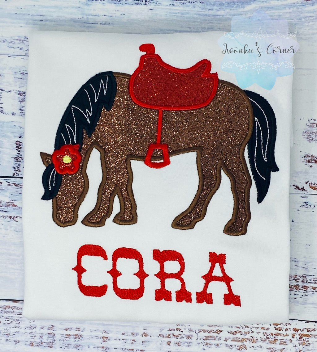 Girl Shirt With Bay Glitter Horse, Brown Pony with Saddle, Birthday Shirt Gift with Horse, T-Shirt with a Pony, Cowgirl gift