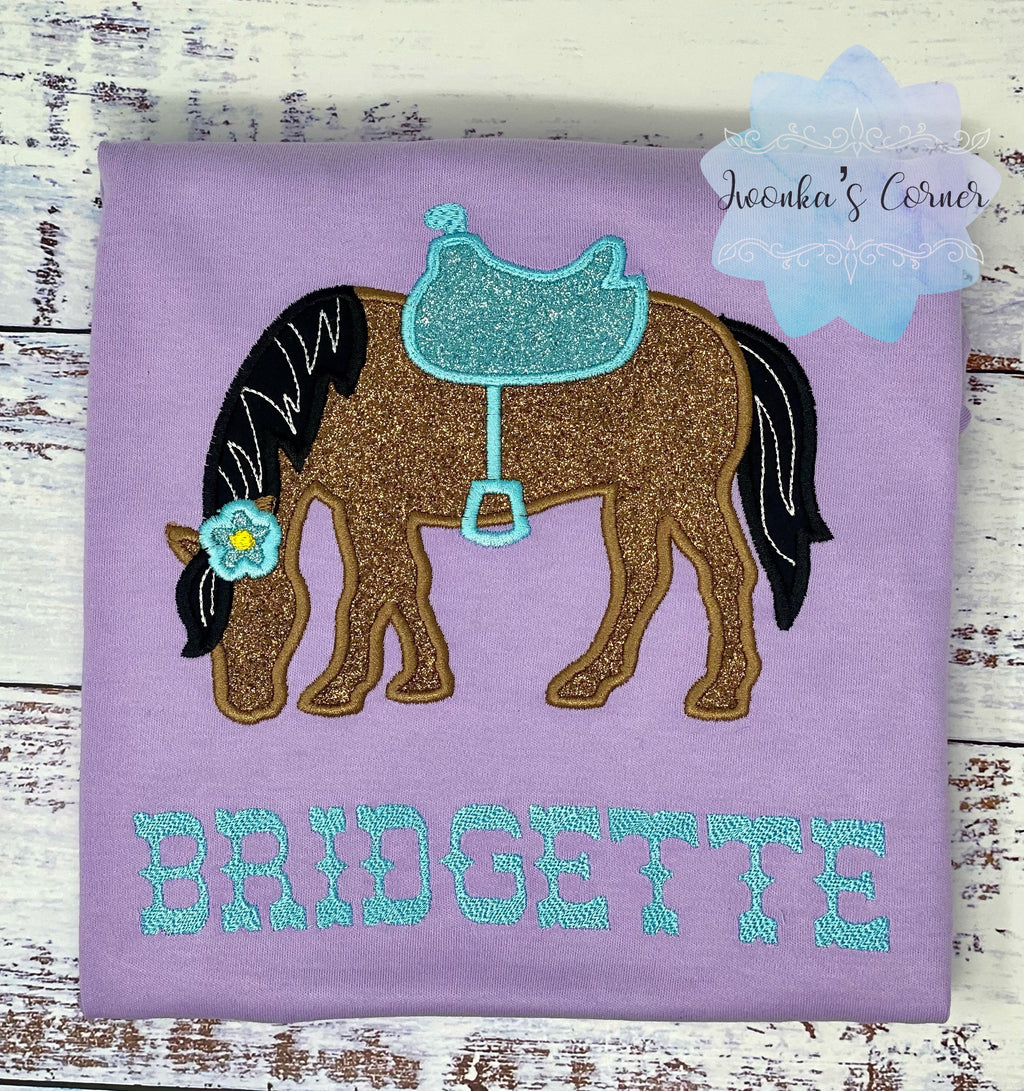 Girl Shirt With Bay Glitter Horse, Brown Pony with Saddle, Birthday Shirt Gift with Horse, T-Shirt with a Pony, Cowgirl gift