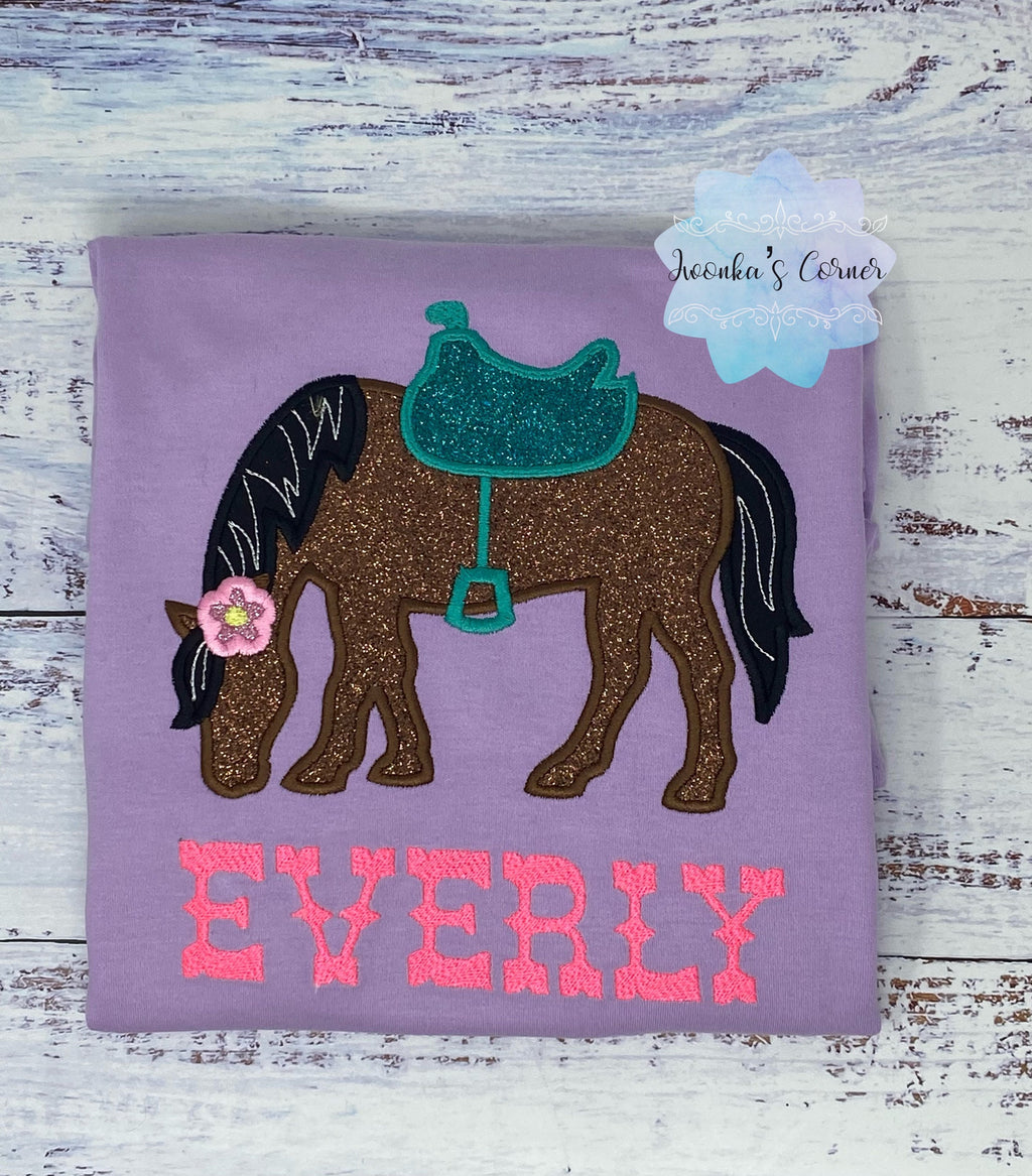 Girl Shirt With Bay Glitter Horse, Brown Pony with Saddle, Birthday Shirt Gift with Horse, T-Shirt with a Pony, Cowgirl gift, Glitter Horse
