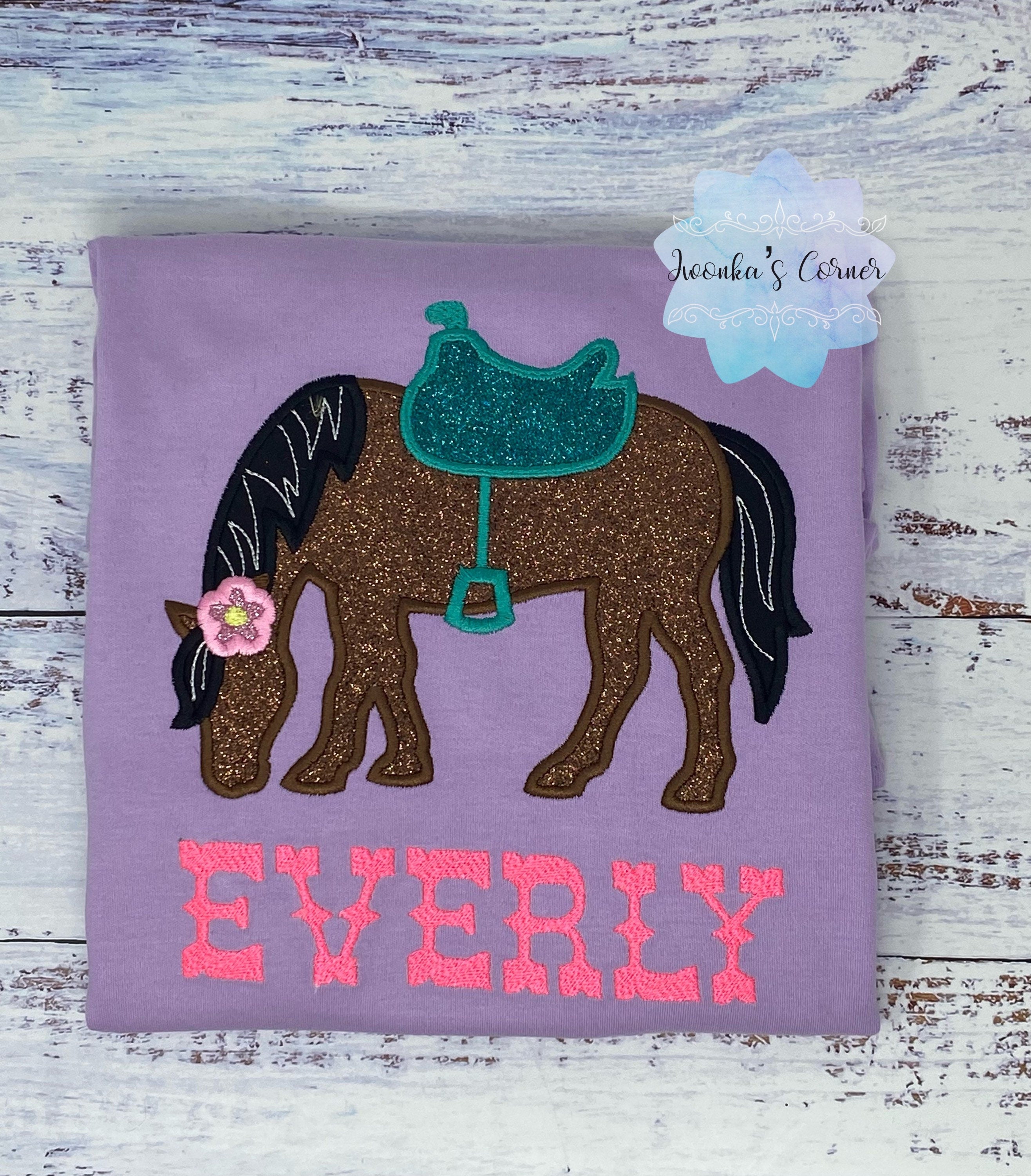 Girl Shirt With Bay Glitter Horse, Brown Pony with Saddle, Birthday Shirt Gift with Horse, T-Shirt with a Pony, Cowgirl gift, Glitter Horse