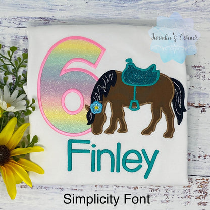Girl 6th Birthday Shirt With Bay Brown Horse, Birthday Shirt with Horse and Saddle, 4th, 5th, 7th 8tHorse Birthday Shirt, Embroidered Horse