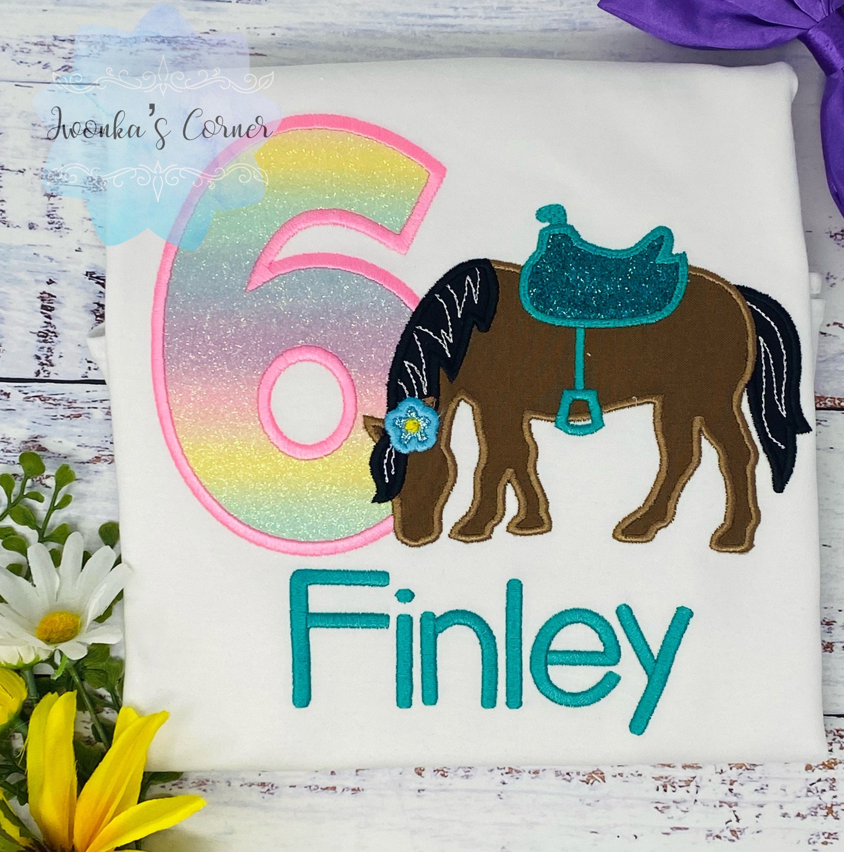 Girl 6th Birthday Shirt With Bay Brown Horse, Birthday Shirt with Horse and Saddle, 4th, 5th, 7th 8tHorse Birthday Shirt, Embroidered Horse