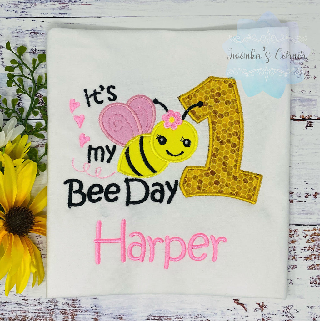 Girl 1st Bee Birthday shirt, Bee Honeycomb shirt, It’s My Bee Day Embroidery, Honeybee Personalized Outfit, Birthday Shirt with Bee