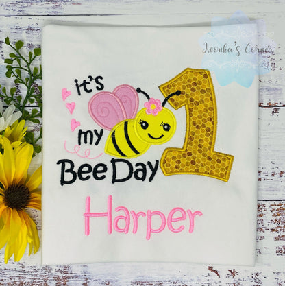 Girl 1st Bee Birthday shirt, Bee Honeycomb shirt, It’s My Bee Day Embroidery, Honeybee Personalized Outfit, Birthday Shirt with Bee