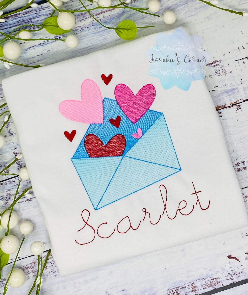 Girl Valentines Shirt, Letter with Love for Valentine, Heart Envelope, Sketch Valentines Embroidery Shirt, Girl shirt for Valentines