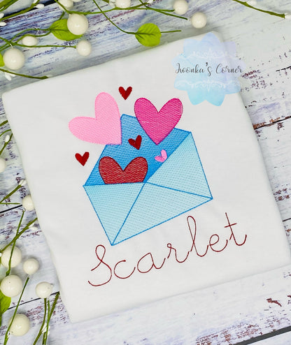 Girl Valentines Shirt, Letter with Love for Valentine, Heart Envelope, Sketch Valentines Embroidery Shirt, Girl shirt for Valentines