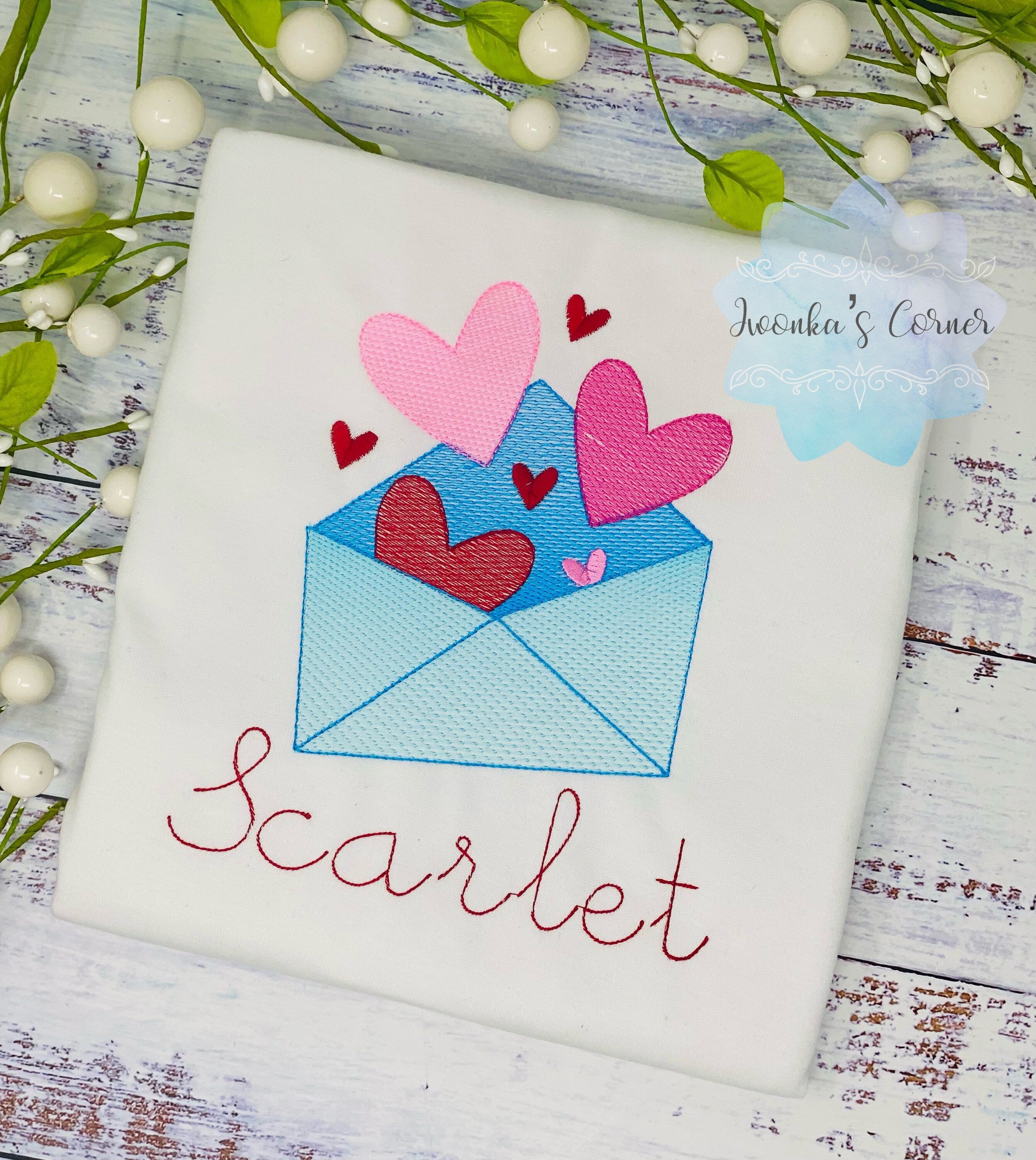Girl Valentines Shirt, Letter with Love for Valentine, Heart Envelope, Sketch Valentines Embroidery Shirt, Girl shirt for Valentines