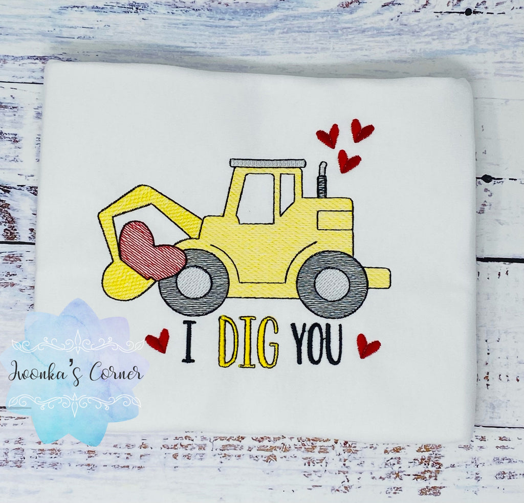 I dig you, Valentines Embroidered Construction Shirt, Excavator Boy Shirt, Construction, Boy Excavator Shirt for Valentines