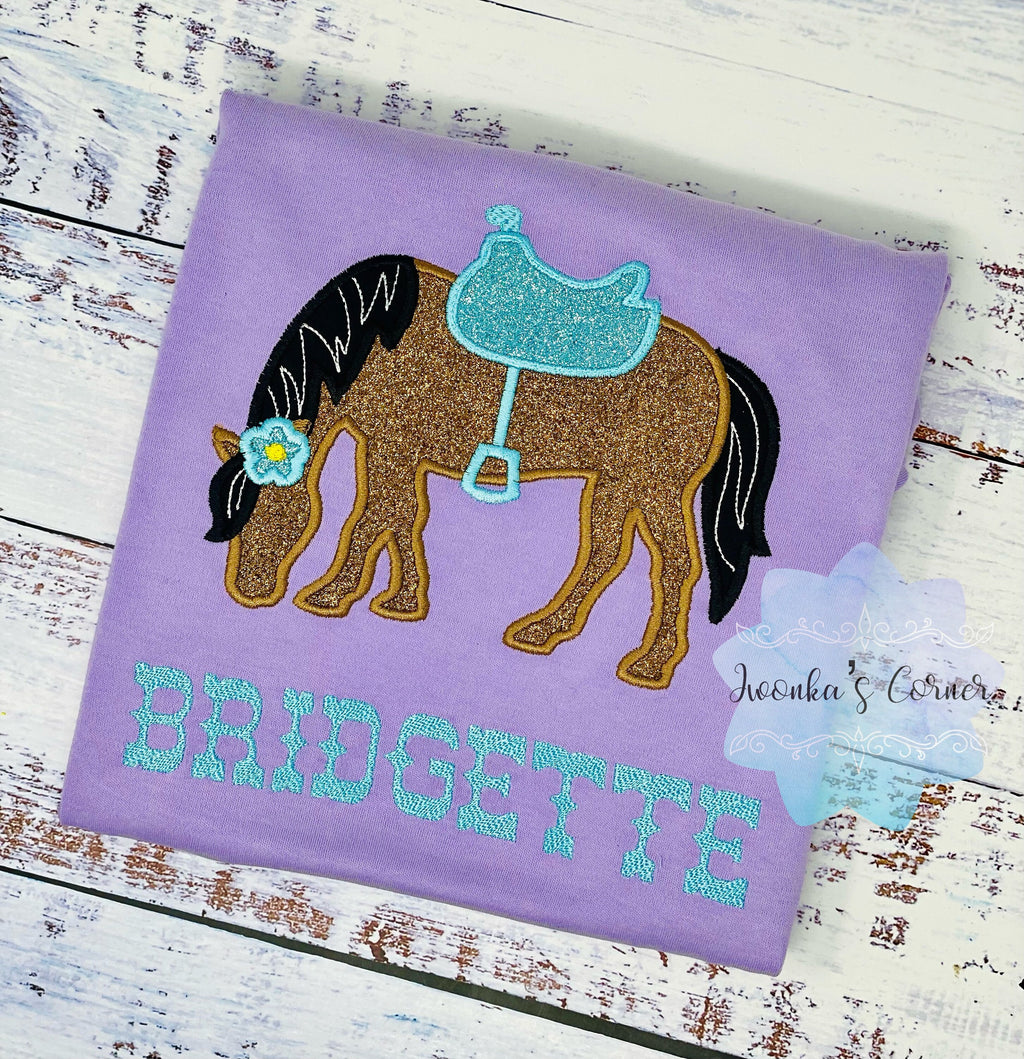 Girl Shirt With Bay Glitter Horse, Brown Pony with Saddle, Birthday Shirt Gift with Horse, T-Shirt with a Pony, Cowgirl gift