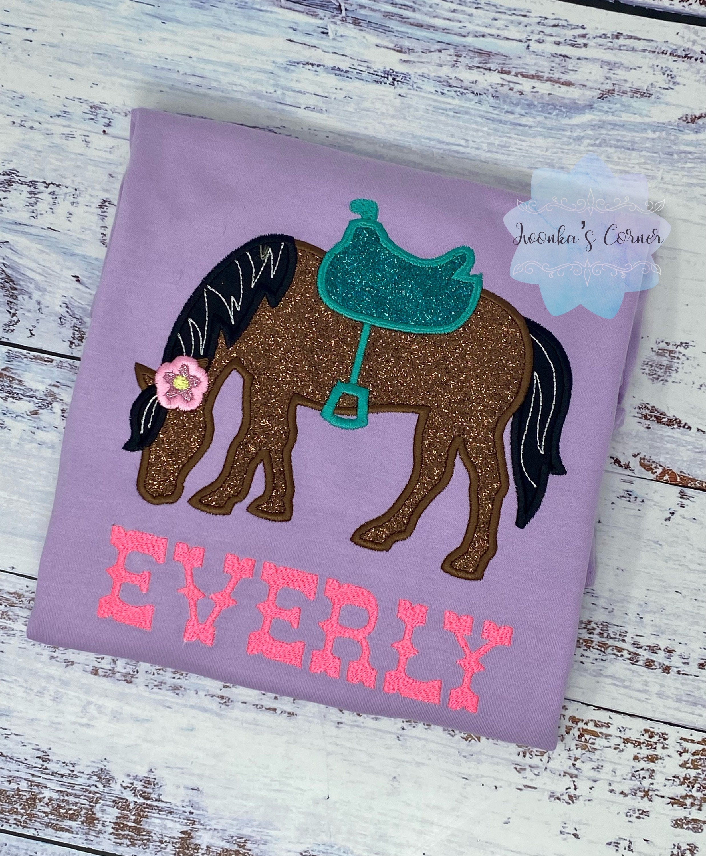 Girl Shirt With Bay Glitter Horse, Brown Pony with Saddle, Birthday Shirt Gift with Horse, T-Shirt with a Pony, Cowgirl gift, Glitter Horse