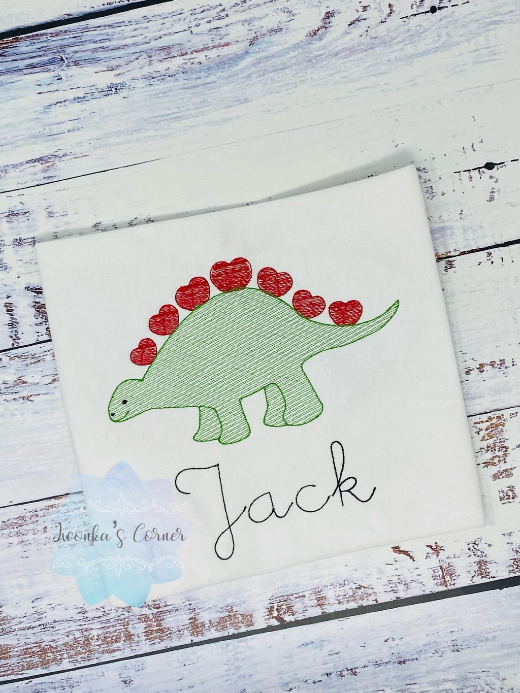 Boy Dinosaur Valentines Shirt - Boy Dino Shirt- Sketch Stitch Embroidery, Personalized Boy Tee, Toddler Dinosaur Outfit, Green Dinosaur Rex