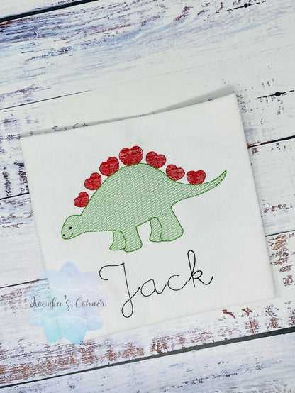 Boy Dinosaur Valentines Shirt - Boy Dino Shirt- Sketch Stitch Embroidery, Personalized Boy Tee, Toddler Dinosaur Outfit, Green Dinosaur Rex