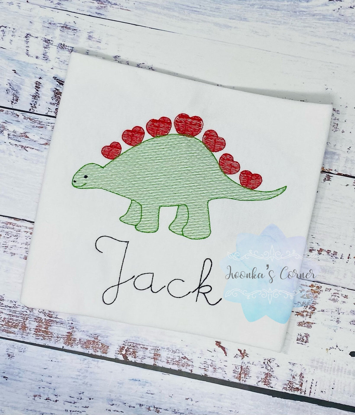 Boy Dinosaur Valentines Shirt - Boy Dino Shirt- Sketch Stitch Embroidery, Personalized Boy Tee, Toddler Dinosaur Outfit, Green Dinosaur Rex