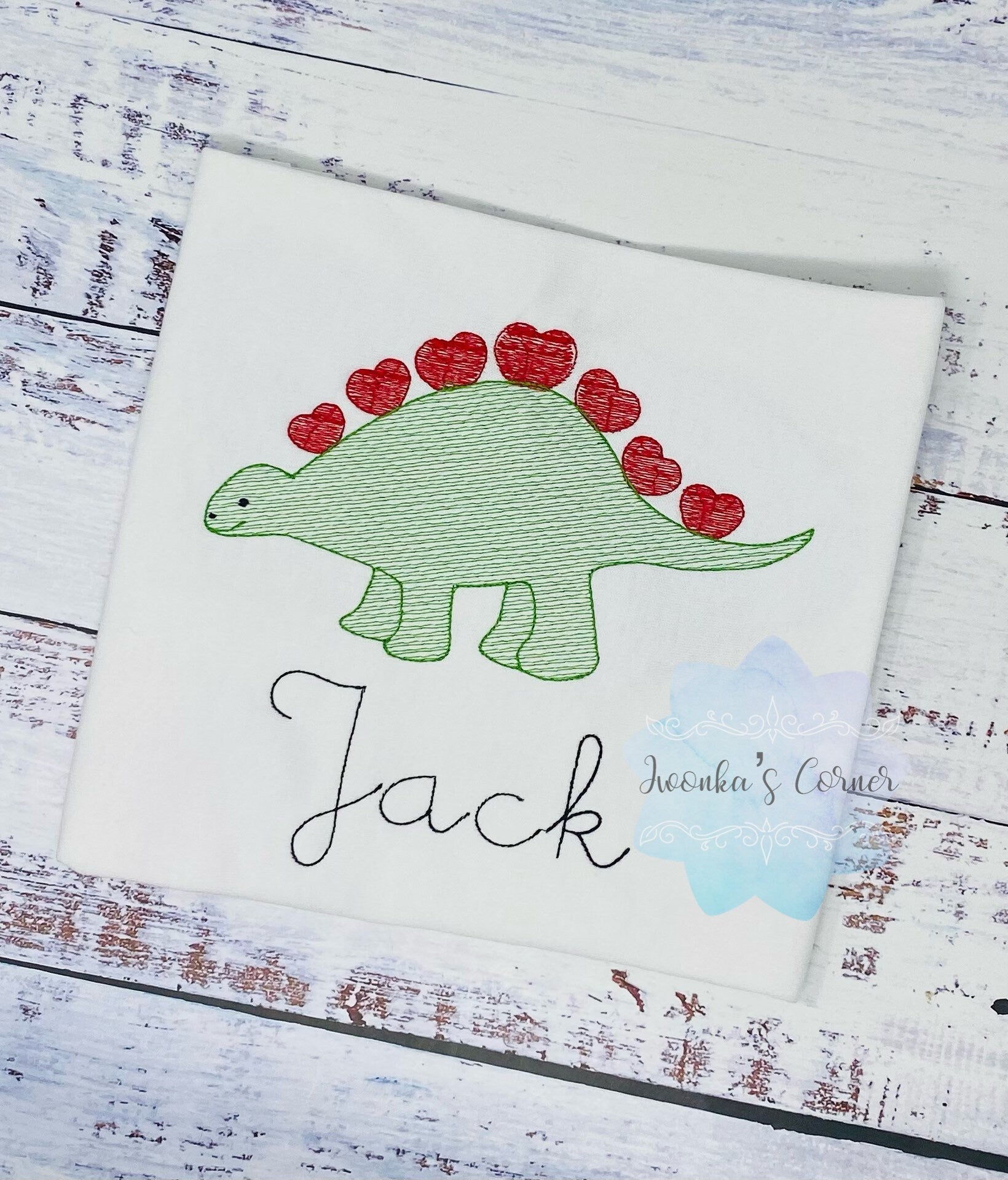 Boy Dinosaur Valentines Shirt - Boy Dino Shirt- Sketch Stitch Embroidery, Personalized Boy Tee, Toddler Dinosaur Outfit, Green Dinosaur Rex