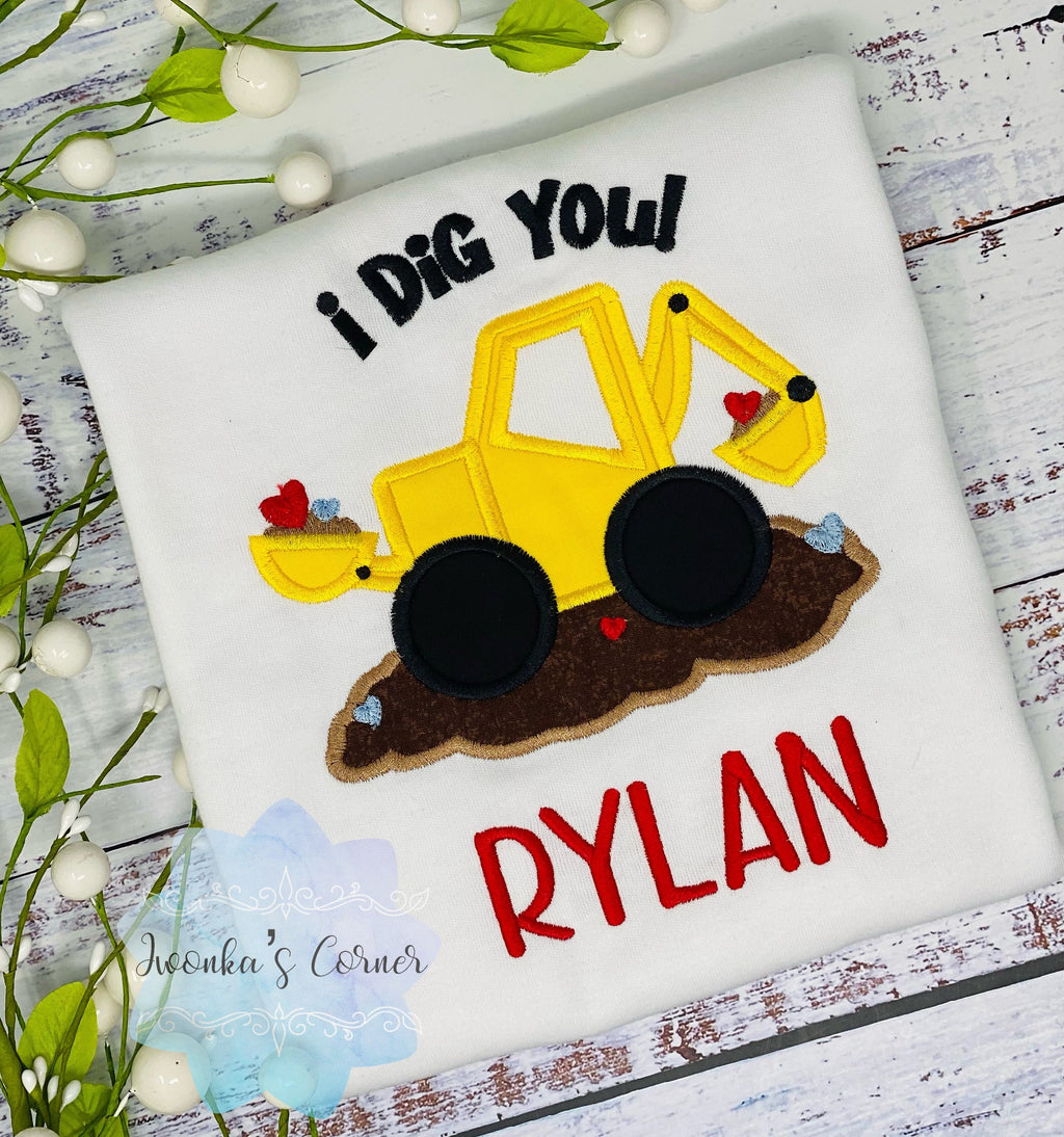 I dig you Valentines Embroidered Construction Excavator Boy Birthday Shirt, Construction Birthday Party, Boy Valentines Excavator Shirt,