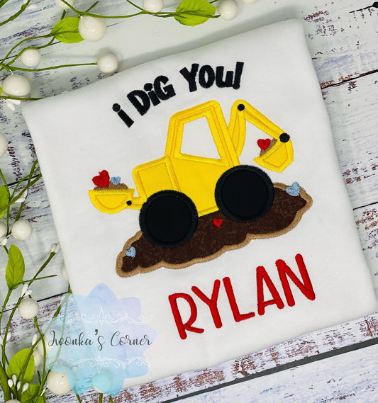 I dig you Valentines Embroidered Construction Excavator Boy Birthday Shirt, Construction Birthday Party, Boy Valentines Excavator Shirt,