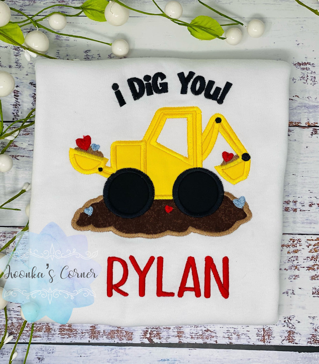 I dig you Valentines Embroidered Construction Excavator Boy Birthday Shirt, Construction Birthday Party, Boy Valentines Excavator Shirt,