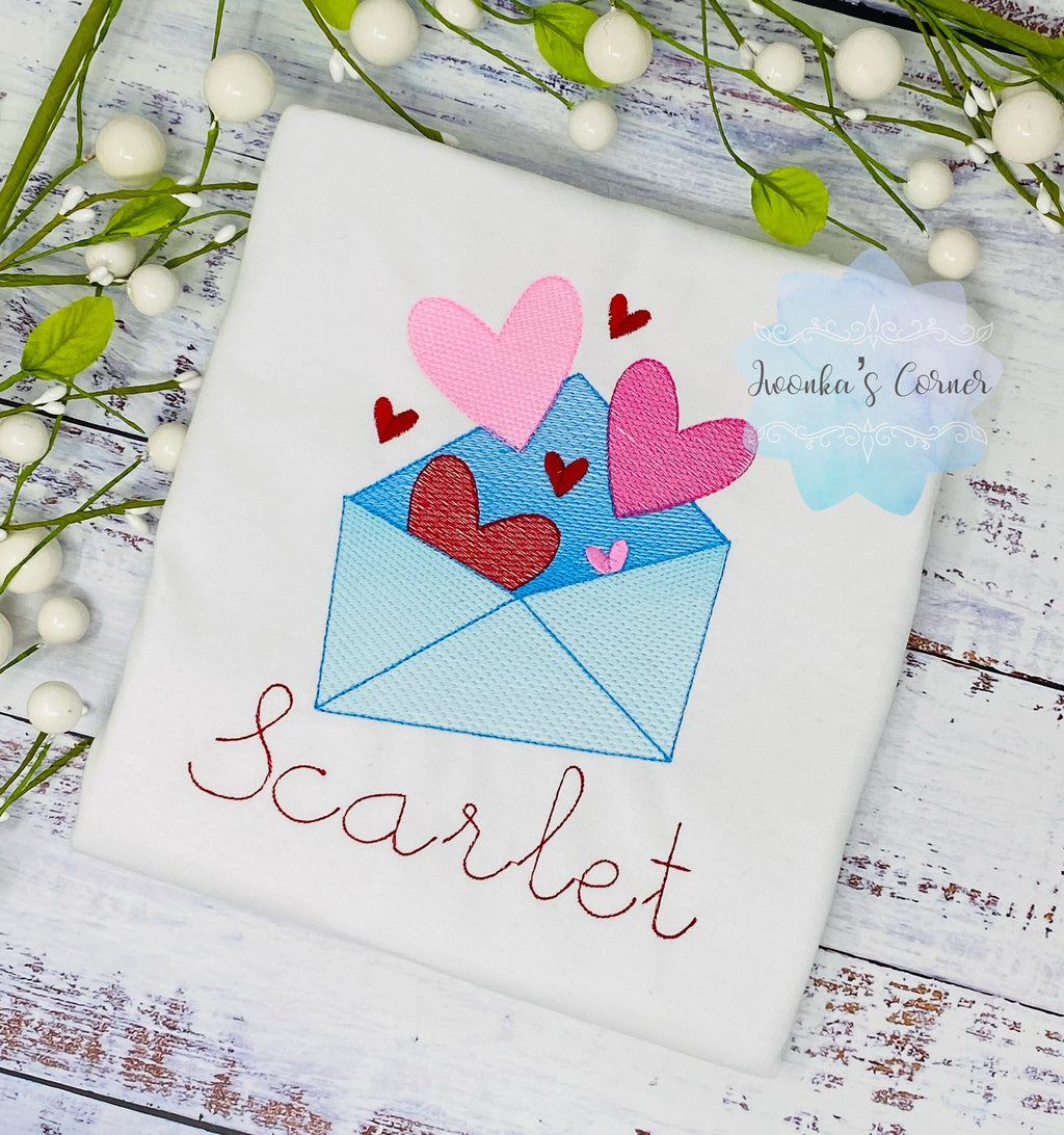 Girl Valentines Shirt, Letter with Love for Valentine, Heart Envelope, Sketch Valentines Embroidery Shirt, Girl shirt for Valentines