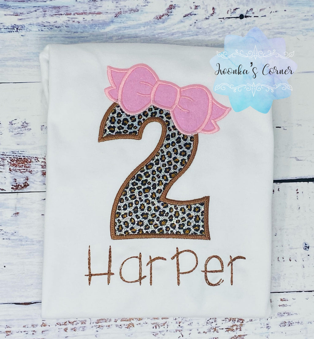 Girl 2nd birthday shirt with silver cheetah print number, Cheetah print t-shirt, Leopard print shirt, Glitter Cheetah Embroidery