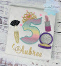 Girl 5th Birthday Shirt with Make up, Princess Birthday Shirt, Number with Tiara, Lipstick Powder Brush, Make up Birthday Party