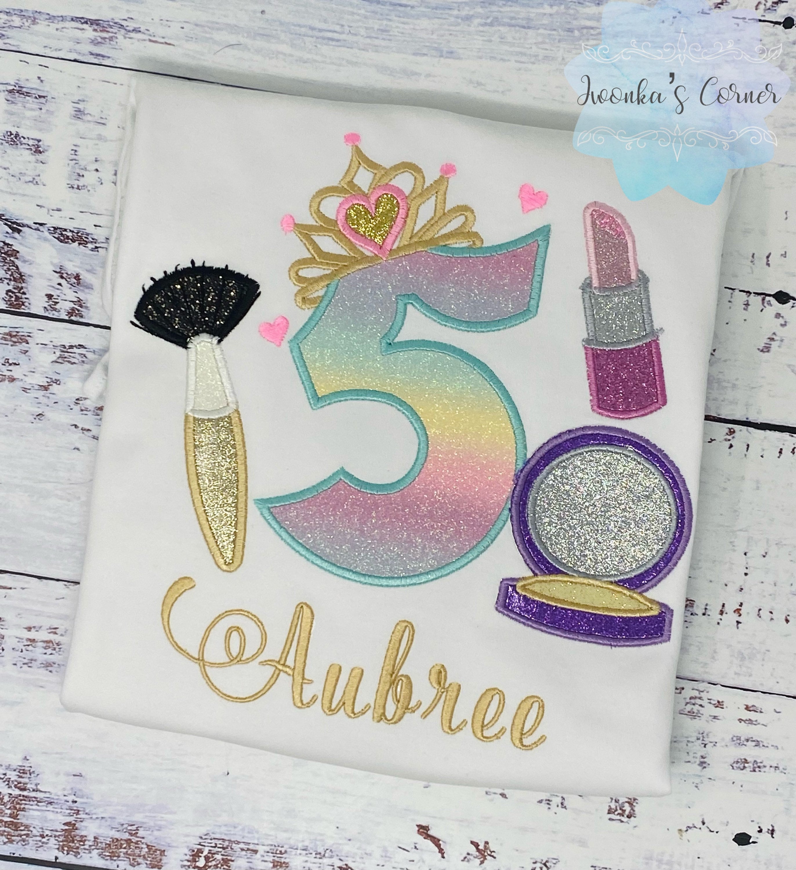 Girl 5th Birthday Shirt with Make up, Princess Birthday Shirt, Number with Tiara, Lipstick Powder Brush, Make up Birthday Party