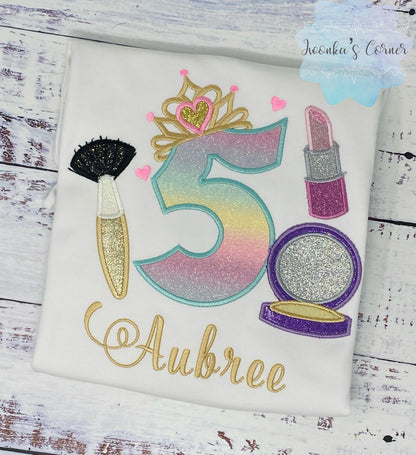 Girl 5th Birthday Shirt with Make up, Princess Birthday Shirt, Number with Tiara, Lipstick Powder Brush, Make up Birthday Party