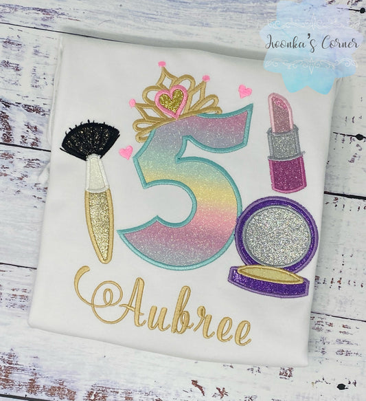 Girl 5th Birthday Shirt with Make up, Princess Birthday Shirt, Number with Tiara, Lipstick Powder Brush, Make up Birthday Party