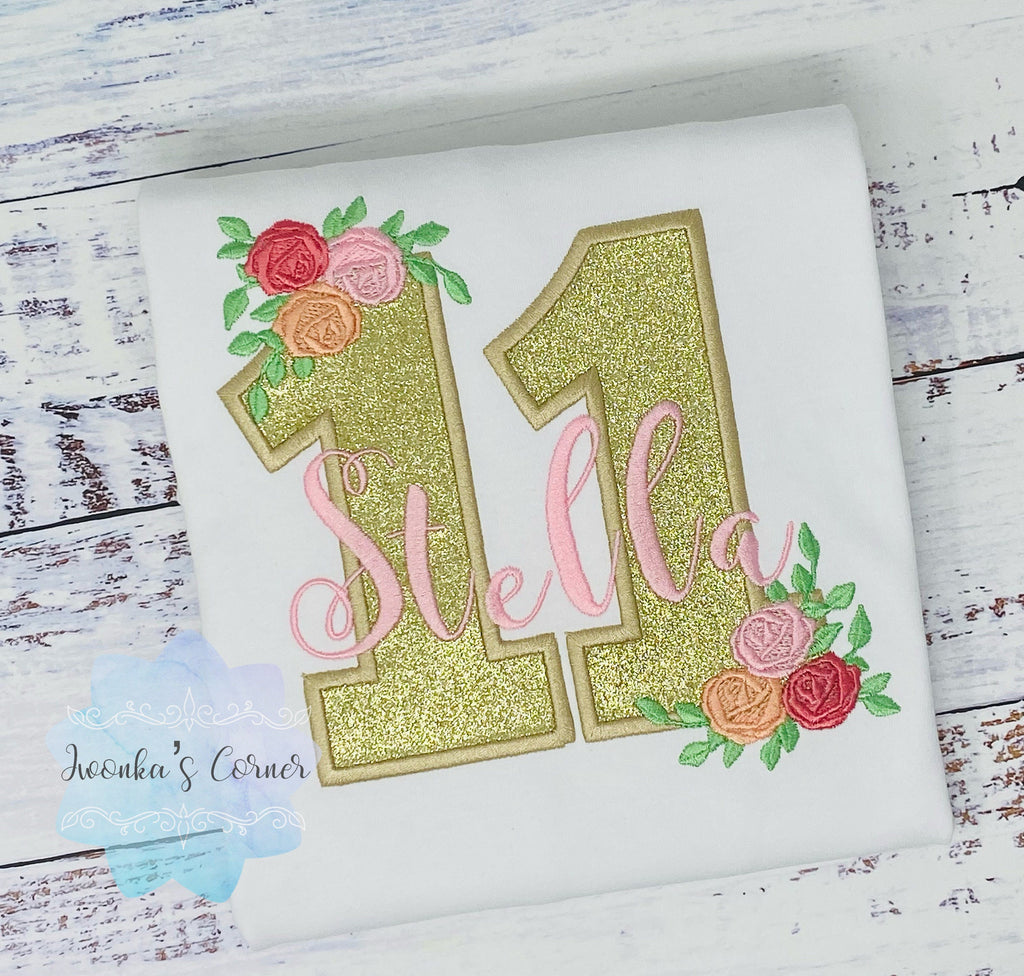 Golden 11th birthday shirt, Gold glitter, Floral birthday shirt, Small Flowers Roses, First Floral Birthday, Personalized applique shirt