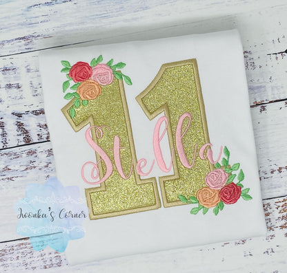 Golden 11th birthday shirt, Gold glitter, Floral birthday shirt, Small Flowers Roses, First Floral Birthday, Personalized applique shirt