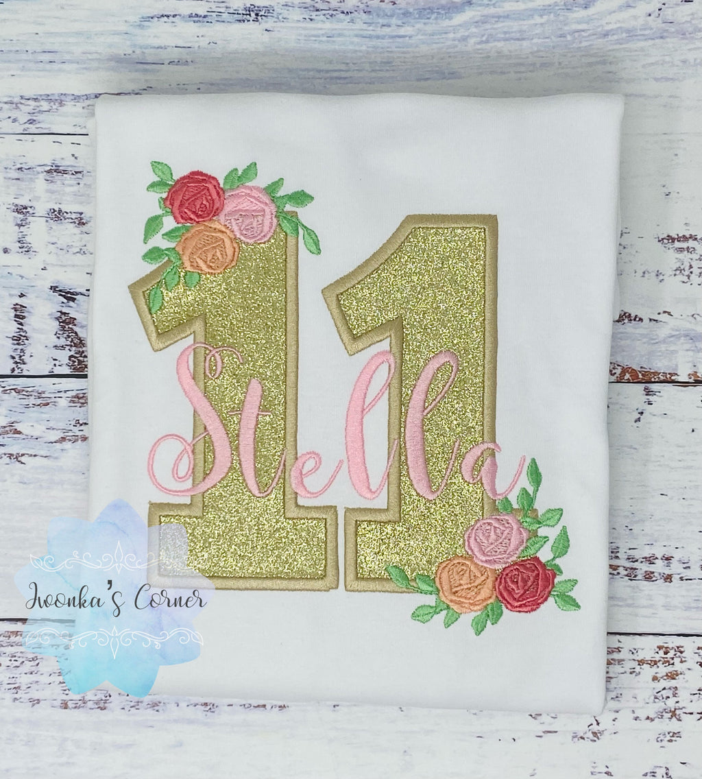 Golden 11th birthday shirt, Gold glitter, Floral birthday shirt, Small Flowers Roses, First Floral Birthday, Personalized applique shirt