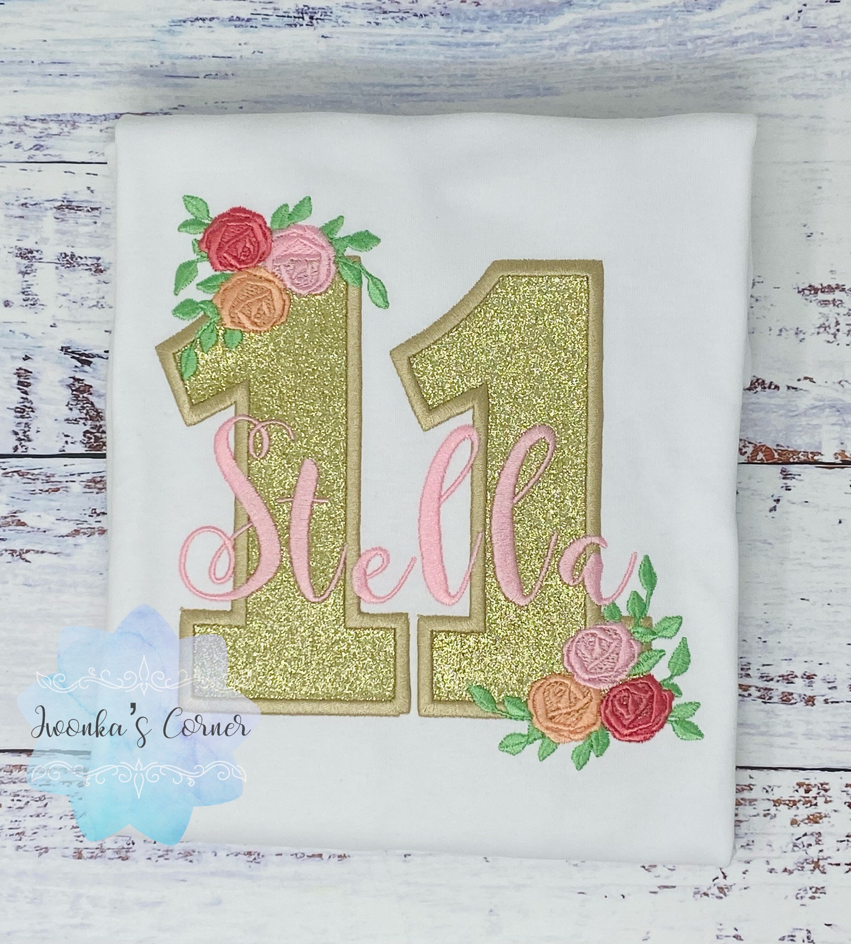Golden 11th birthday shirt, Gold glitter, Floral birthday shirt, Small Flowers Roses, First Floral Birthday, Personalized applique shirt