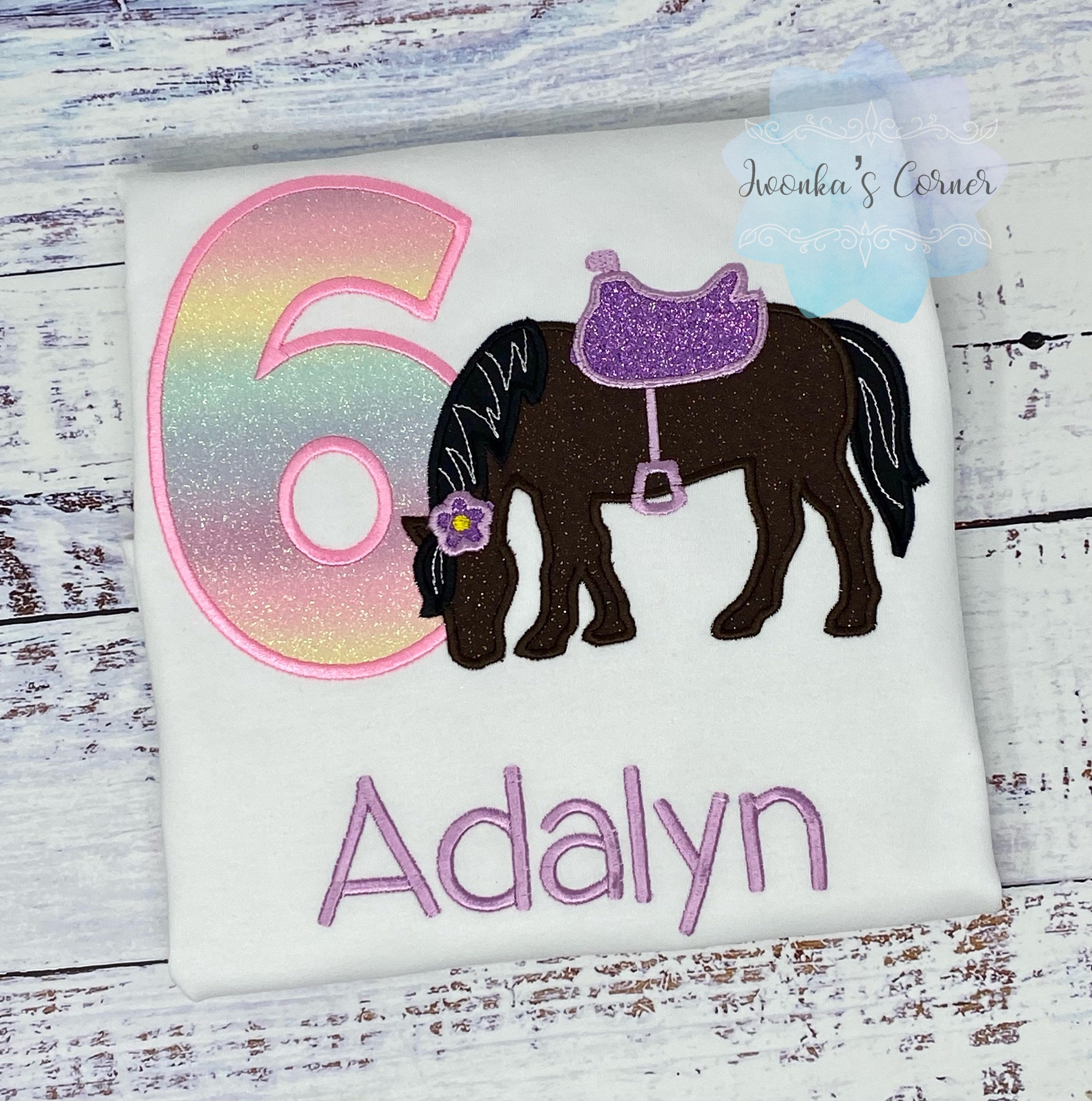 Girl 6th Birthday Shirt With Bay Brown Horse, Birthday Shirt with Horse and Saddle, 4th, 5th, 7th 8th Birthday Shirt, Embroidered Horse