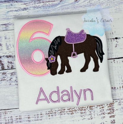 Girl 6th Birthday Shirt With Bay Brown Horse, Birthday Shirt with Horse and Saddle, 4th, 5th, 7th 8th Birthday Shirt, Embroidered Horse