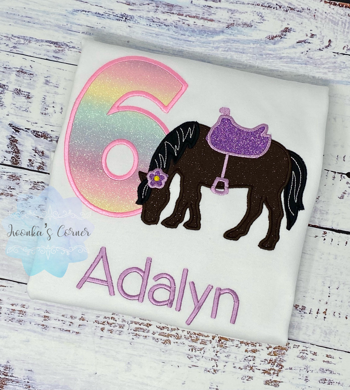 Girl 6th Birthday Shirt With Bay Brown Horse, Birthday Shirt with Horse and Saddle, 4th, 5th, 7th 8th Birthday Shirt, Embroidered Horse