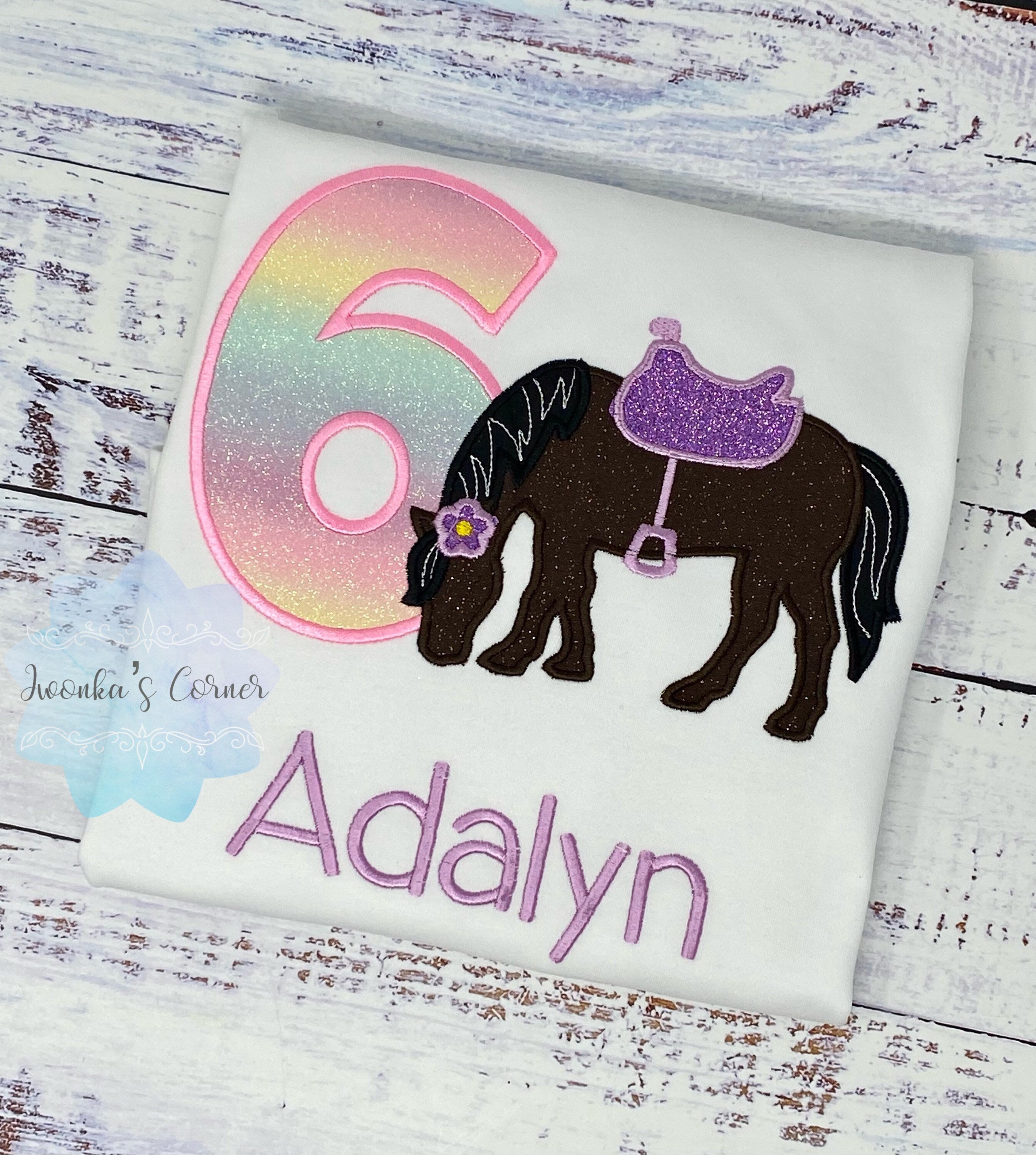 Girl 6th Birthday Shirt With Bay Brown Horse, Birthday Shirt with Horse and Saddle, 4th, 5th, 7th 8th Birthday Shirt, Embroidered Horse