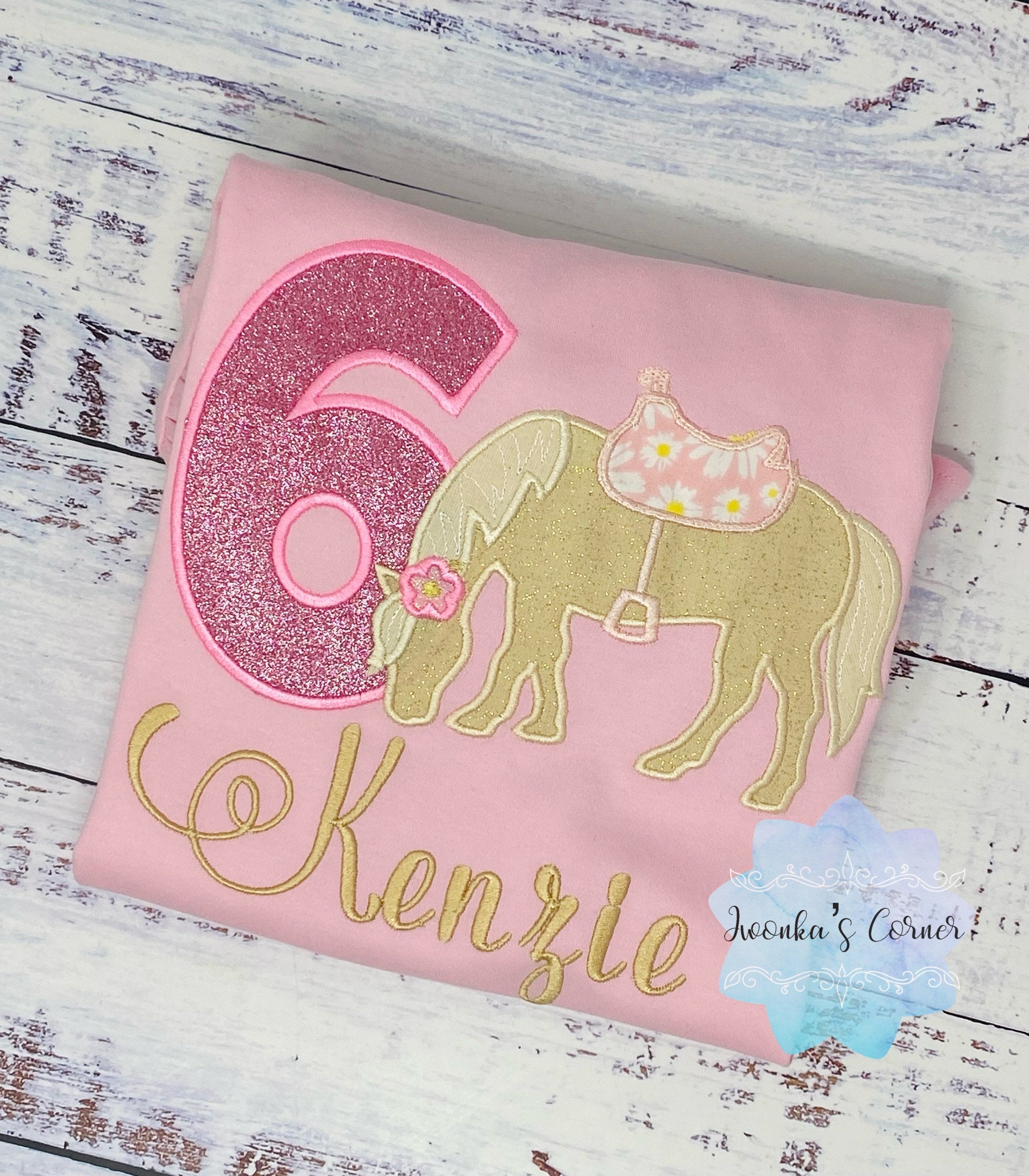 Girl 6th Birthday Shirt With Palomino Horse, Birthday Shirt with Pony and Saddle, 4th, 6th 7th Horse Embroidery Birthday Shirt