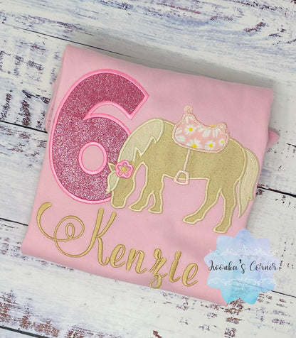 Girl 6th Birthday Shirt With Palomino Horse, Birthday Shirt with Pony and Saddle, 4th, 6th 7th Horse Embroidery Birthday Shirt