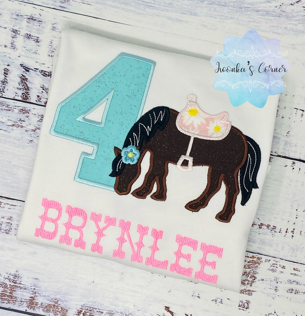 Girl 4th Birthday Shirt With Bay Horse, Birthday Shirt with Brown Ponny and Saddle, 5th 6th 7th Horse Birthday Shirt