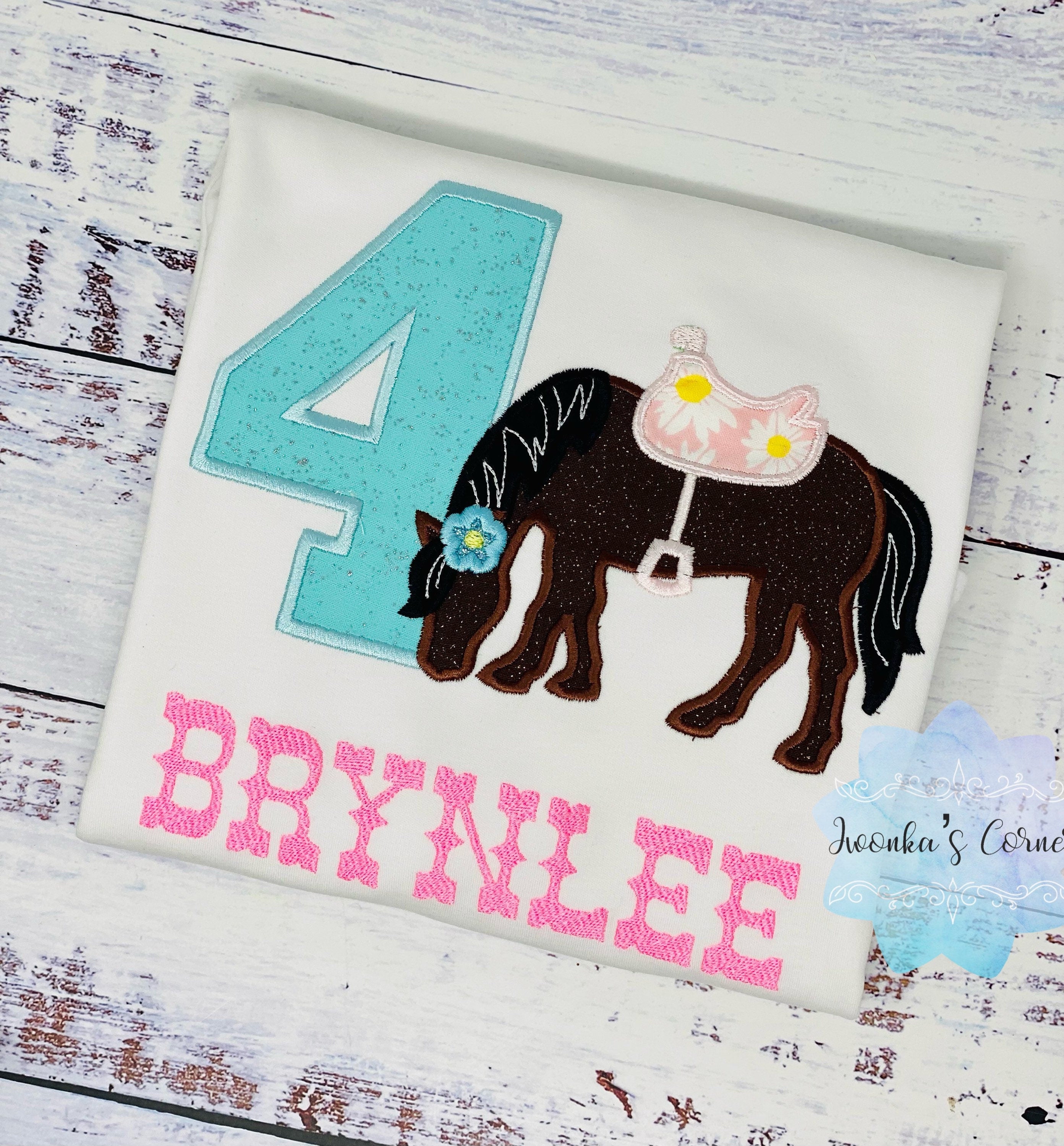 Girl 4th Birthday Shirt With Bay Horse, Birthday Shirt with Brown Ponny and Saddle, 5th 6th 7th Horse Birthday Shirt