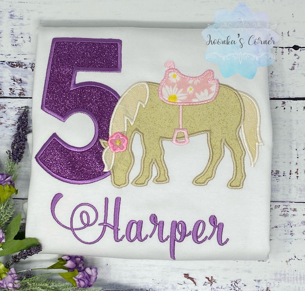 Girl 5th Birthday Shirt With Palomino Horse, Birthday Shirt with Ponny and Saddle, 4th, 6th 7th Horse Embroidery Birthday Shirt