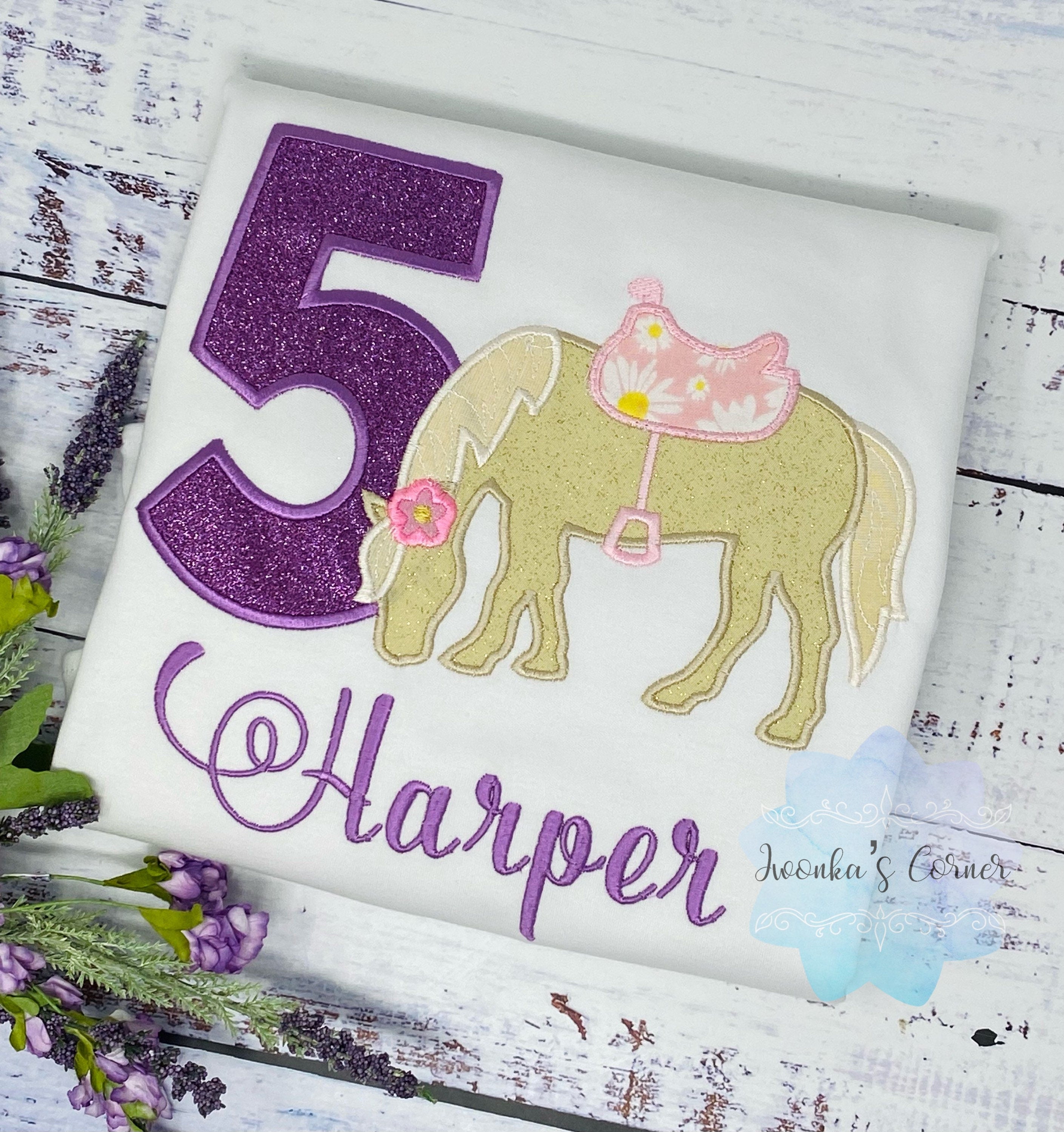 Girl 5th Birthday Shirt With Palomino Horse, Birthday Shirt with Ponny and Saddle, 4th, 6th 7th Horse Embroidery Birthday Shirt